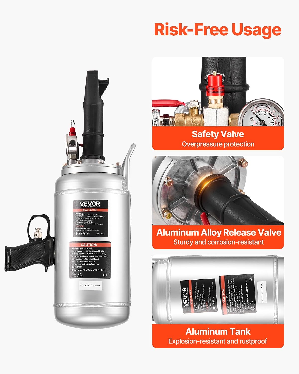 VEVOR Portable Tire Bead Seater, 1.6 Gal / 6 L Air Bead Blaster, Handheld Tire Inflator Tool, 87-116 PSI Operating Pressure, Trigger Seating Inflator for Car, Compact SUV, Light Truck, E-Bike, RV, ATV