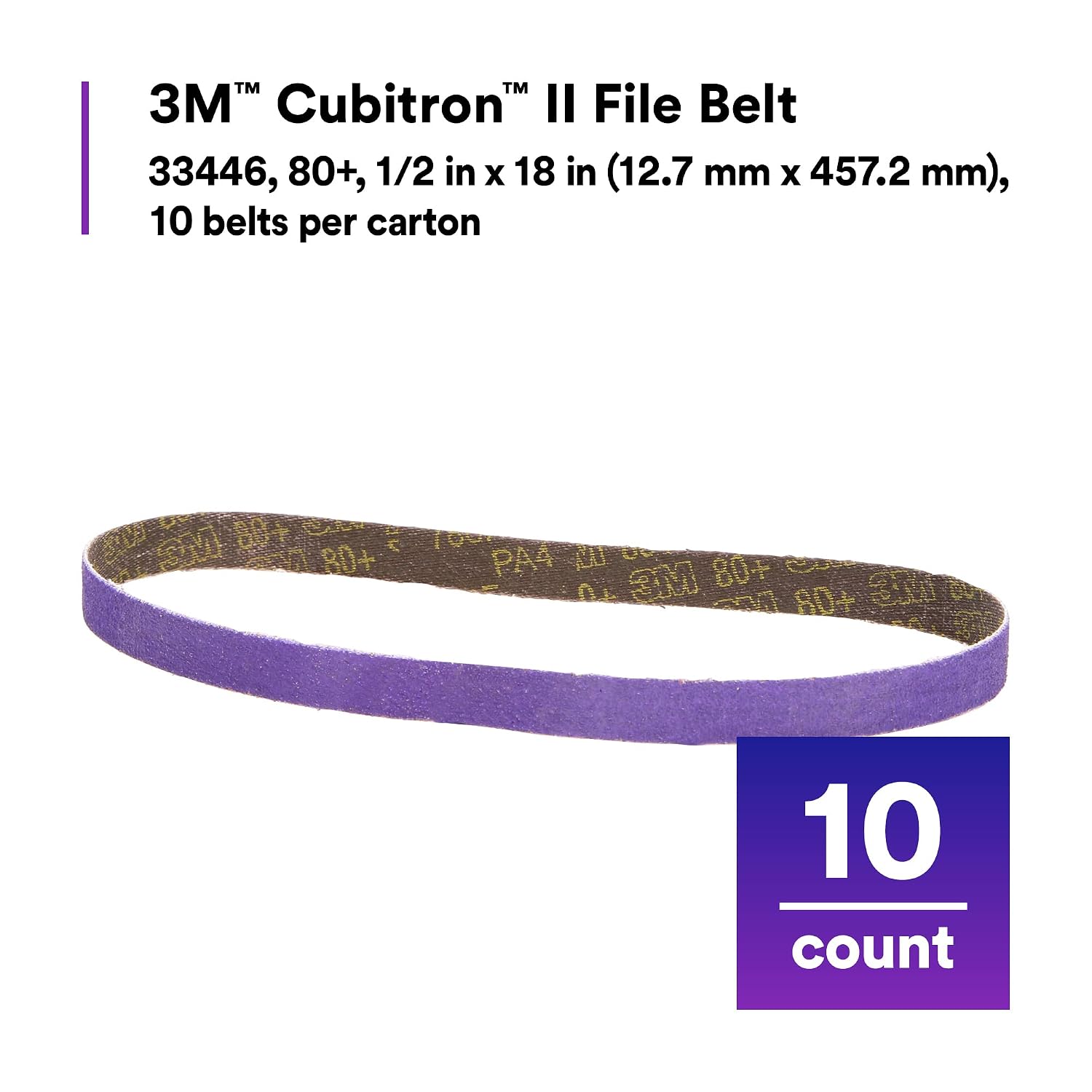 3M Cubitron II File Belt, 33446, 80+ Grit, 1/2 in x 18 in, File Belts, Resin Bonded, Spot Weld Removal, 10 Count (Pack of 5)