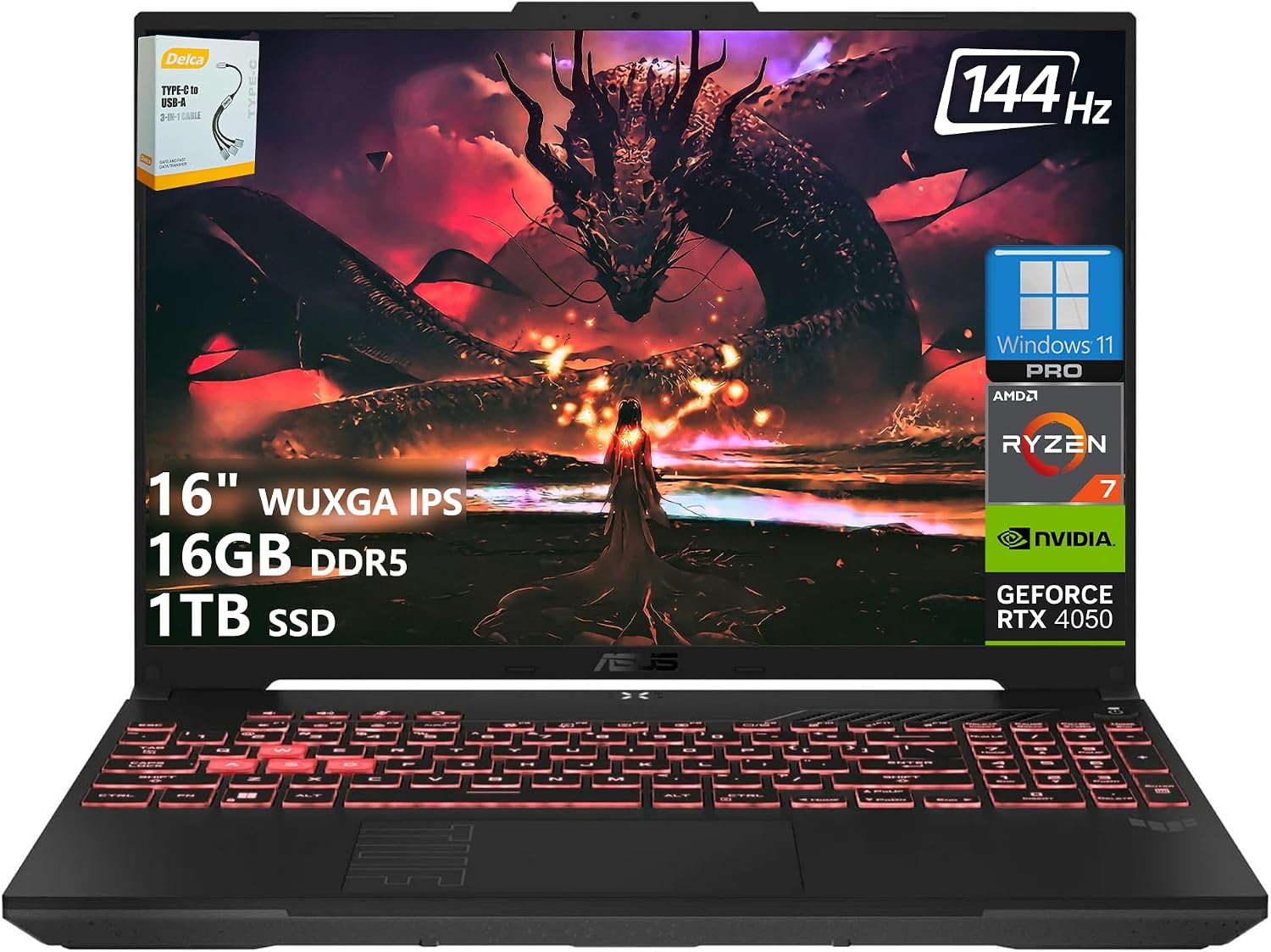 ASUS TUF A16 Gaming Laptop | 16' WUXGA IPS 144Hz | AMD 6-Core Ryzen 7 7445HS | 16GB DDR5 1TB SSD | NVIDIA GeForce RTX 4050 (194 AI Tops) | Backlit Keyboard USB 4 Wi-Fi 6 Win11 Pro w/DLCA Accessory