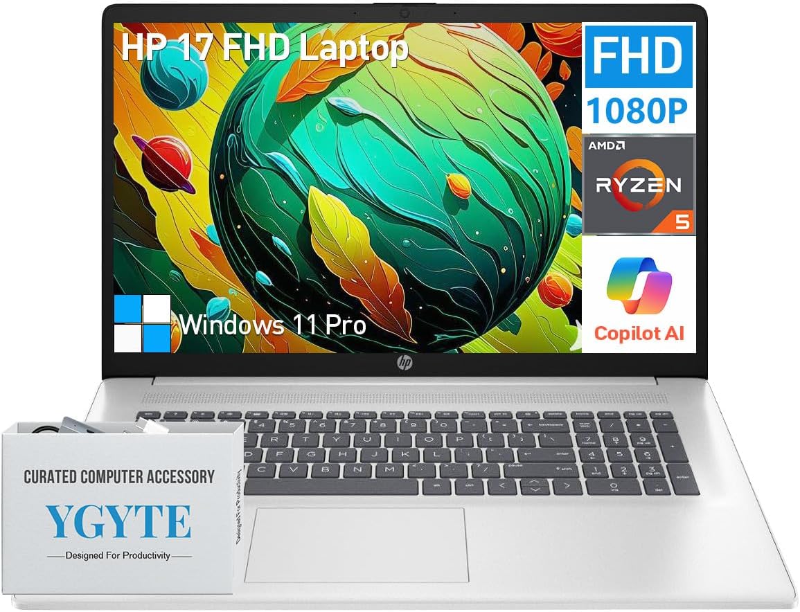HP 17 Inch Laptop Computer, 17.3 IPS FHD Business Laptop PC, AMD Ryzen 5 (6-Cores), 32GB RAM 1TB SSD, Windows 11 Pro, 10-Key Number Pad, WiFi 6, HDMI, USB-C