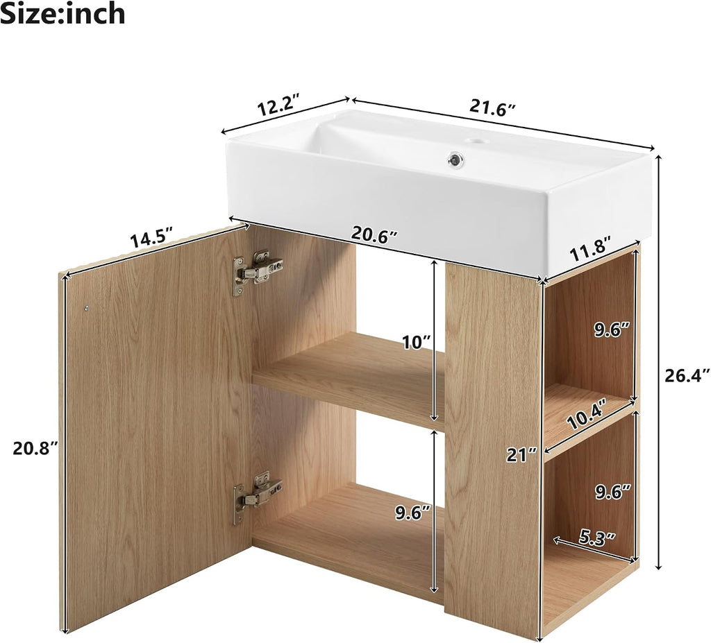 21.6-inch Bathroom Vanity with Sink Combo, Wall-Mounted Single Storage Cabinet with One Cabinet & Right 2-Tier Shelves, Wooden Vanity with Ceramic Basin for Bathroom, Wood