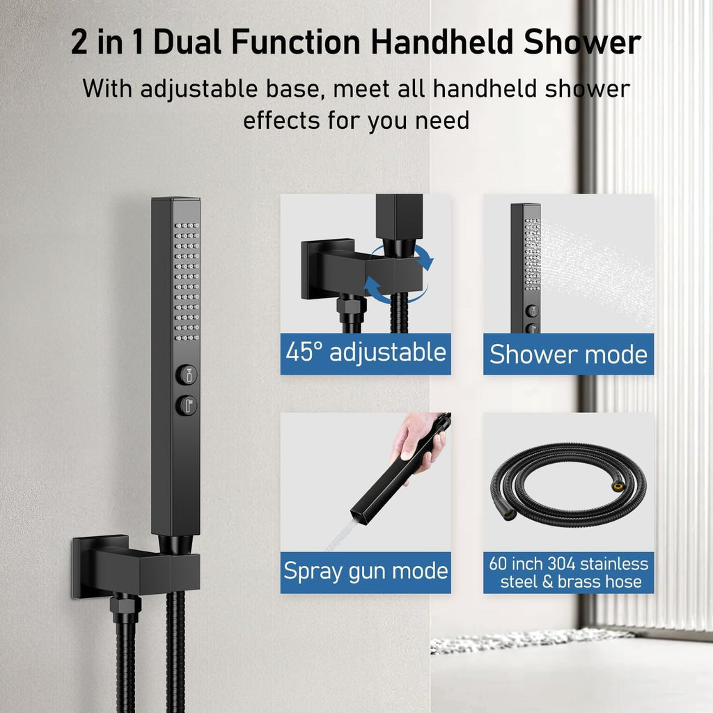 Shower Faucet Set Shower Systems, Push Button Diverter Shower Set for Two People,10'+6' Ceiling Mount Dual Rain Shower Heads with 2-in-1 Handheld Spray, Matte Black Shower Faucet Trim Kit