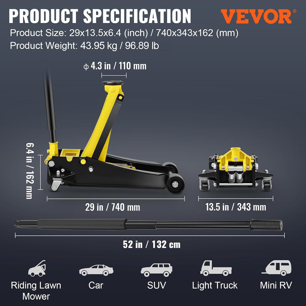 VEVOR 4 Ton Low Profile, Heavy-Duty Steel Racing Floor Jack with Dual Pistons Quick Lift Pump, Lifting Range 3.94'-20.98'