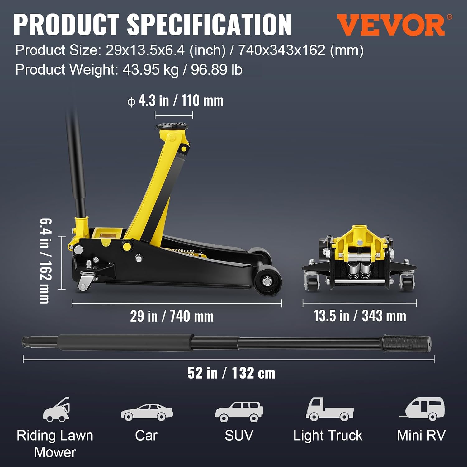 VEVOR 4 Ton Low Profile, Heavy-Duty Steel Racing Floor Jack with Dual Pistons Quick Lift Pump, Lifting Range 3.94'-20.98'