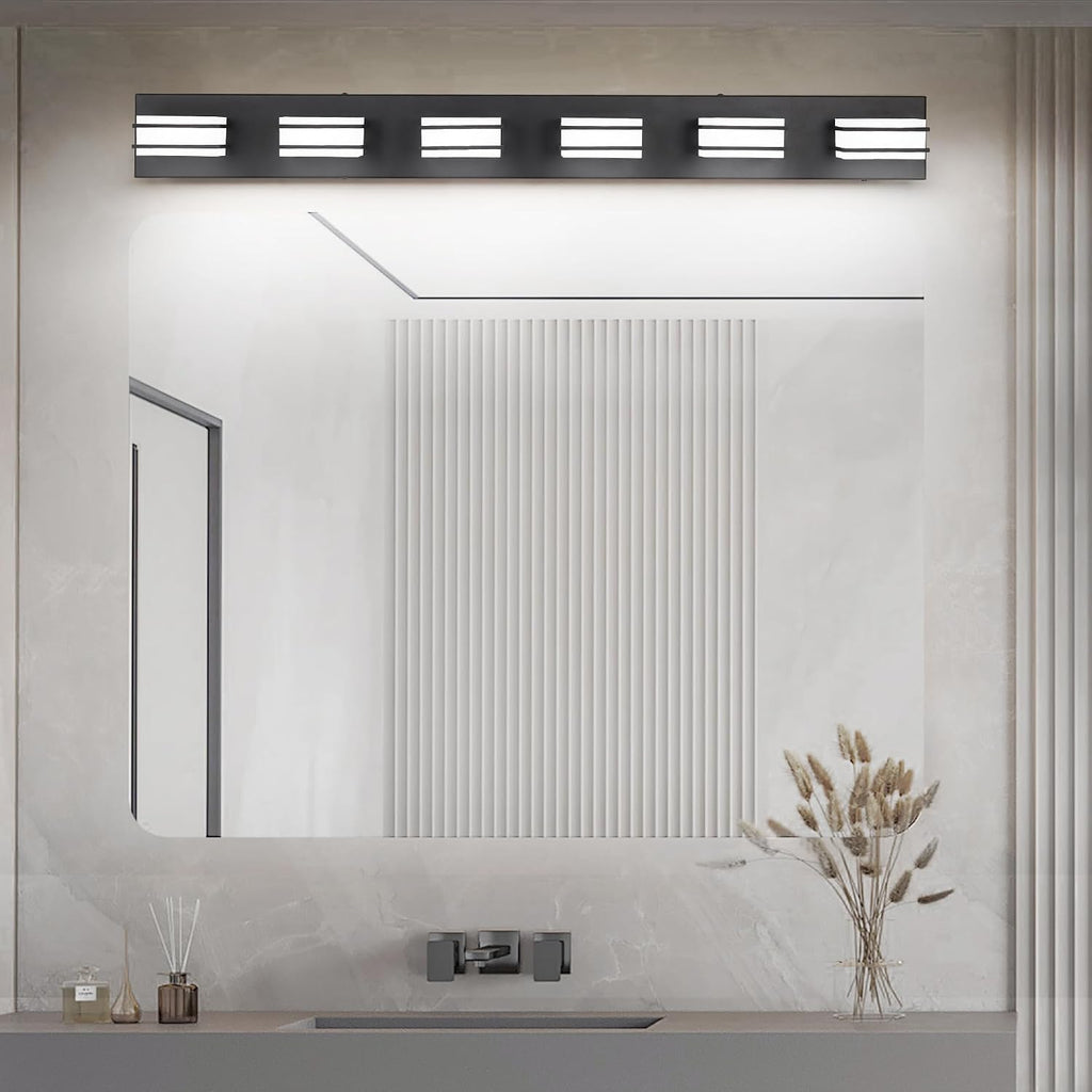 GOODATE 3 Color Temperature Dimmable Vanity Lights for Bathroom, Black 6 Light Vanity Light Fixtures, Acrylic Stainless Steel Square Shade Light Fixtures for Bathroom Above Mirror, ETL Certificated
