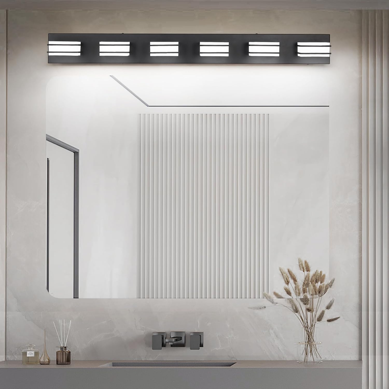 GOODATE 3 Color Temperature Dimmable Vanity Lights for Bathroom, Black 6 Light Vanity Light Fixtures, Acrylic Stainless Steel Square Shade Light Fixtures for Bathroom Above Mirror, ETL Certificated
