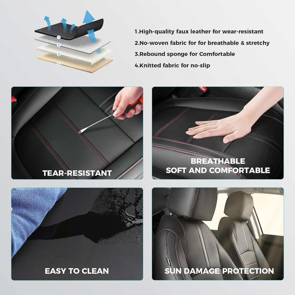 Seat Covers for Honda Civic Sedan EX-L, EX-T, EX, Touring, Sport 2016-2021, Faux Leather Car Seats Cover Full Set Waterproof Black Red Line (60/40 Split Seatback-with Rear Armrest)