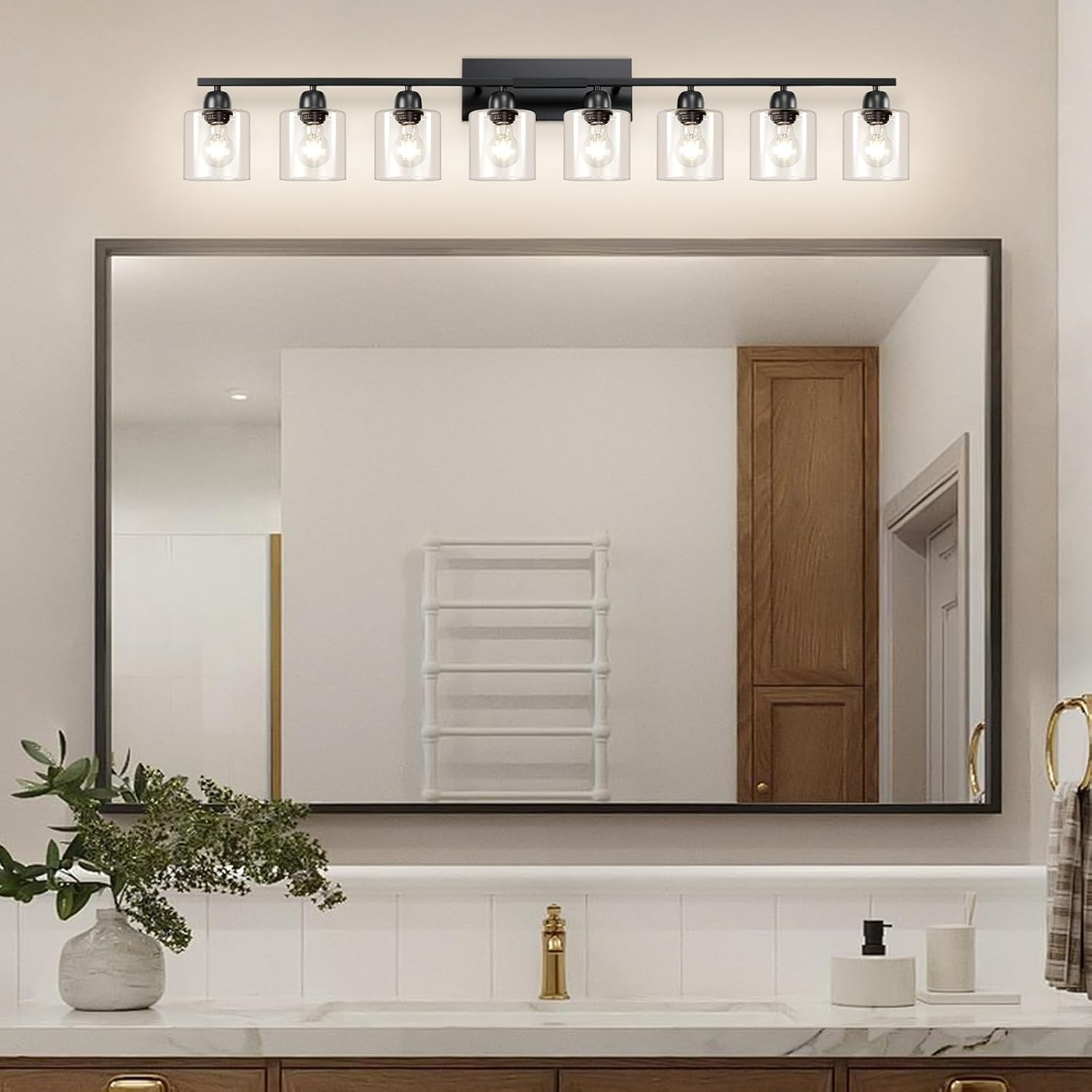 Bath Vanity Lights for Mirror, Restroom Lights Fixtures with Milky White Frosted Glass Shades,Bathroom Over Sink Light Fixtures (Black & Clear Glass, 8-Light)