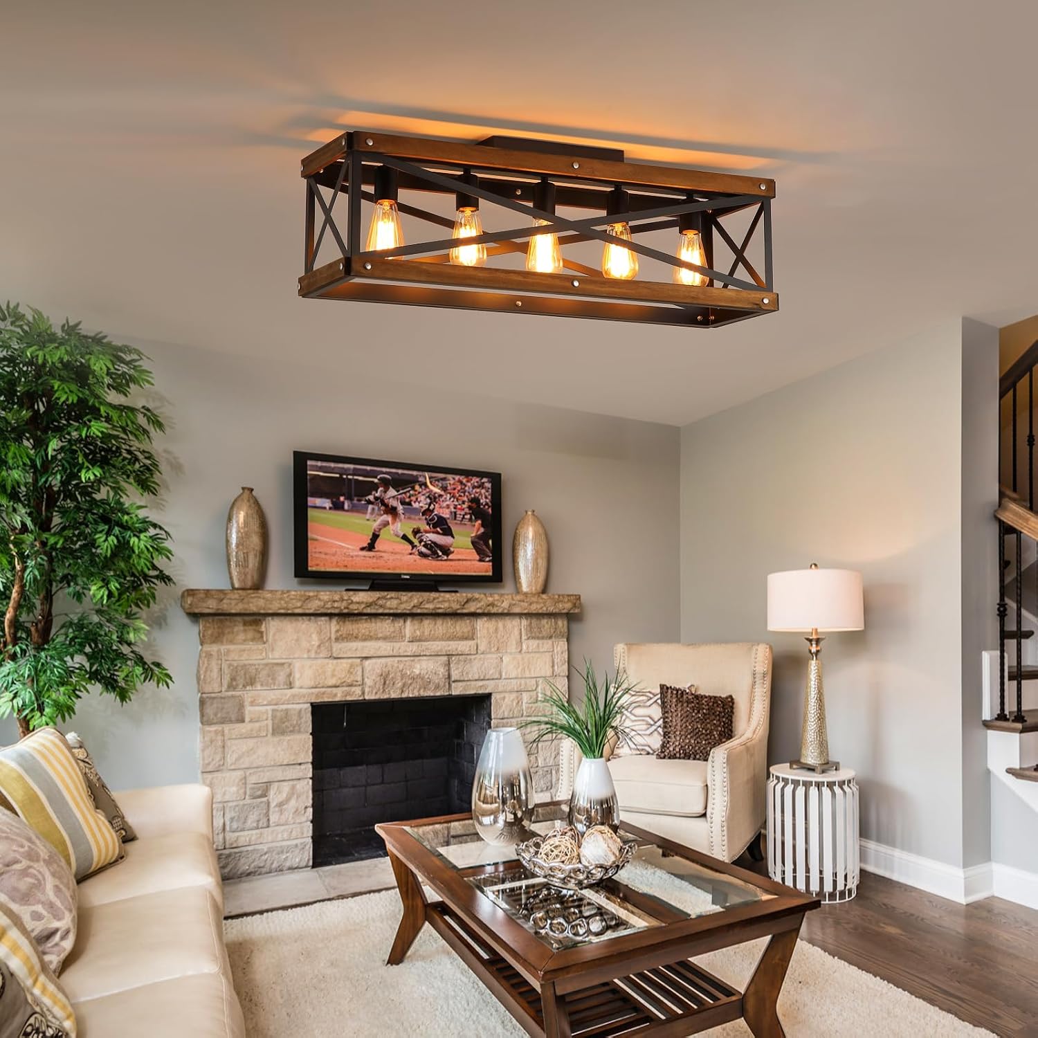 5-Light Large Rustic Farmhouse Wood Flush Mount Ceiling Light Fixture 31.5 inch Oak Wood and Metal Rectangular Track Semi Flush Mount Ceiling Light for Kitchen Living Room Bedroom Indoor, Black