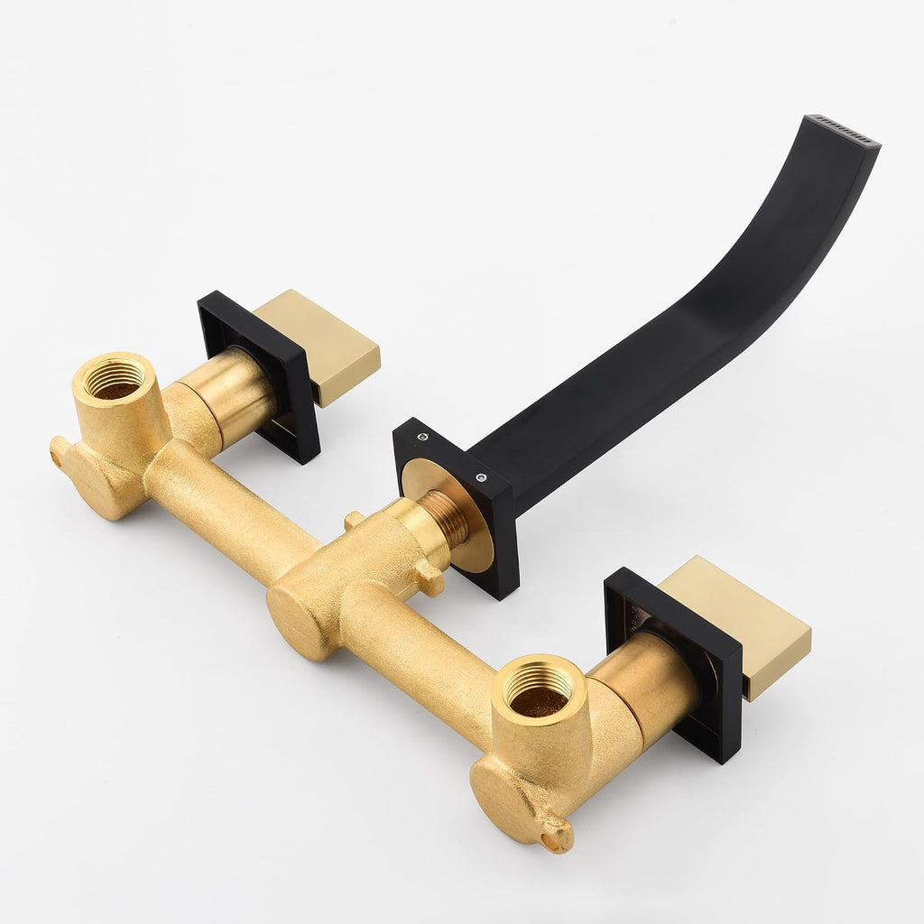 SUMERAIN Wall Mounted Faucet for Bathroom Sink Black and Gold Finish, Lavatory Basin Faucet with Two Handles and Rough in Valve