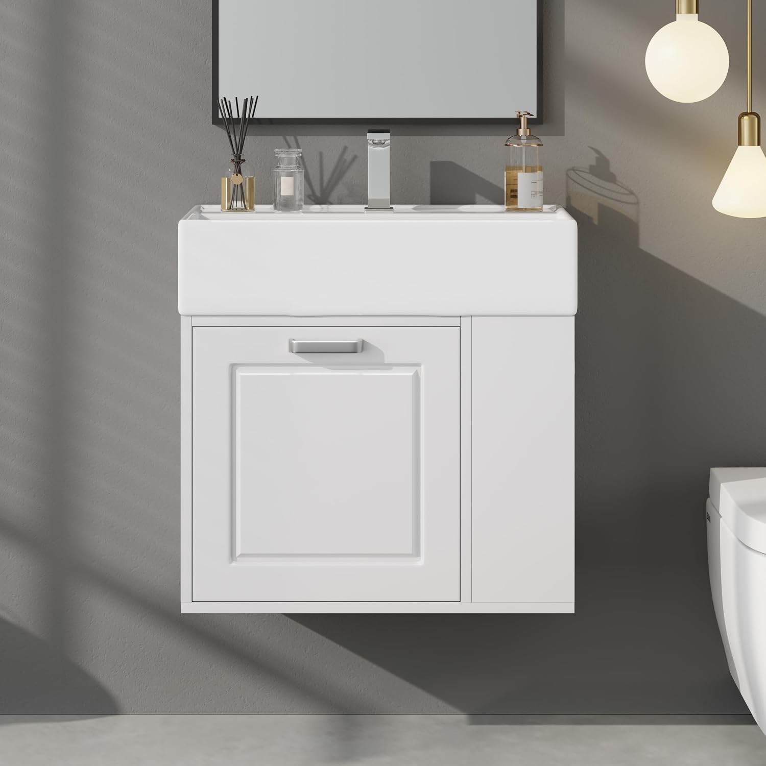 21.8-inch Bathroom Vanity with Sink, Wall-Mounted Single Storage Cabinet with One Big Drawer & Left Two-Tier Shelf, Solid Wood Vanity Organizer with Ceramic Sink for Bathroom, White