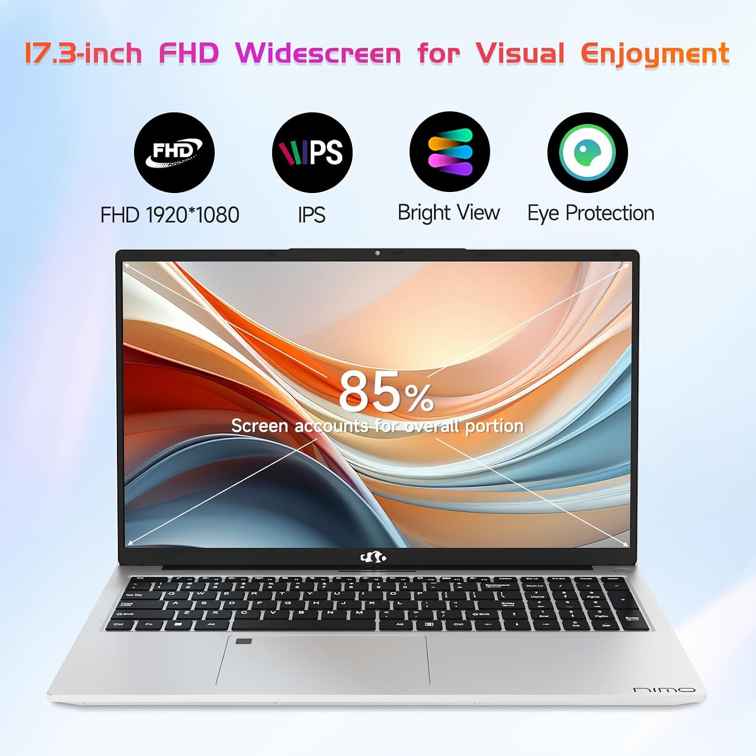 NIMO 17.3' IPS FHD-Laptop, Intel 6 Cores i3-1215U 8GB RAM 256GB SSD (Beat Ryzen 5 7520U, Up to 4.4GHz) Computer with 65W GaN Type C Backlit Keyboard Fingerprint, for Home Student and Business Silver