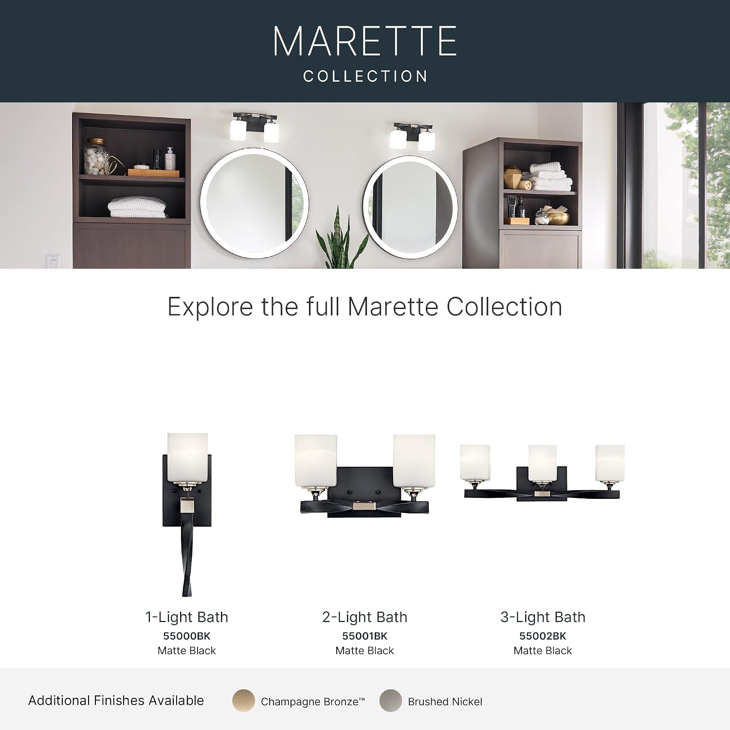 Kichler Marette 22.75' Vanity Light in Black, 3-Light Modern Bathroom Light with Satin Etched Cased Opal Glass, (22.75' W x 8' H), 55002BK