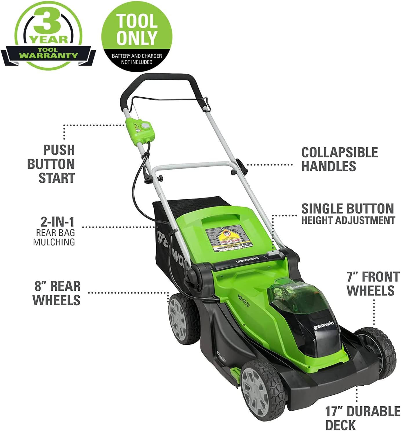 Greenworks 40V 17 inch Cordless Lawn Mower,Tool Only, MO40B01