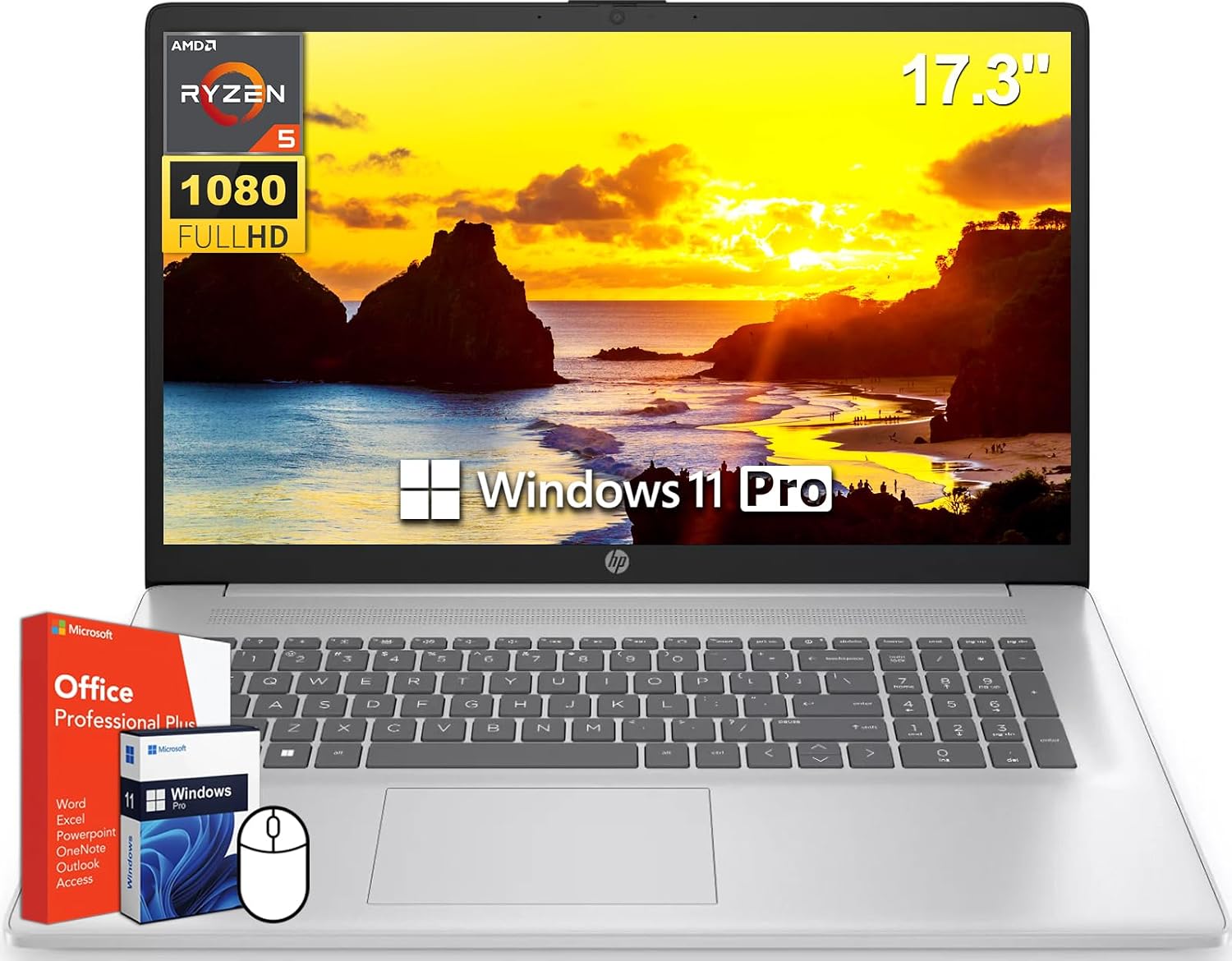 HP 17 inch Laptop, 17.3' FHD Display, AMD Ryzen 5 7430U Processor, 64 GB RAM, 2 TB SSD, AMD Radeon Graphics, Long Battery Life, Anti-Glare, Wi-Fi 6, Microsoft Office Lifetime License & Windows 11 Pro