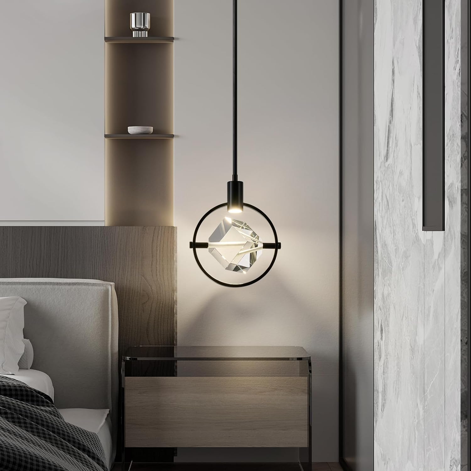 Modern Crystal Pendant Light in Black Mini Dimmable Integrated LED Light Fixtures Metal Rod Ceiling Black Chandelier for Kitchen Island Bedroom Dining Room Bar(1-Lights)