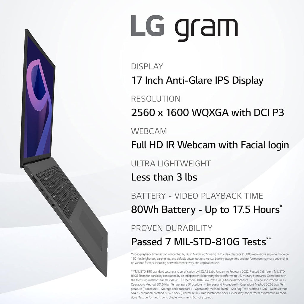 LG gram (2022) 17Z90Q Ultra Lightweight Laptop, 17' (2560 x 1600) IPS Display, Intel Evo 12th Gen i7 1260P Processor, 32GB LPDDR5, 2TB NVMe SSD, FHD Webcam, WiFi 6E, Thunderbolt 4, Windows 11, Gray