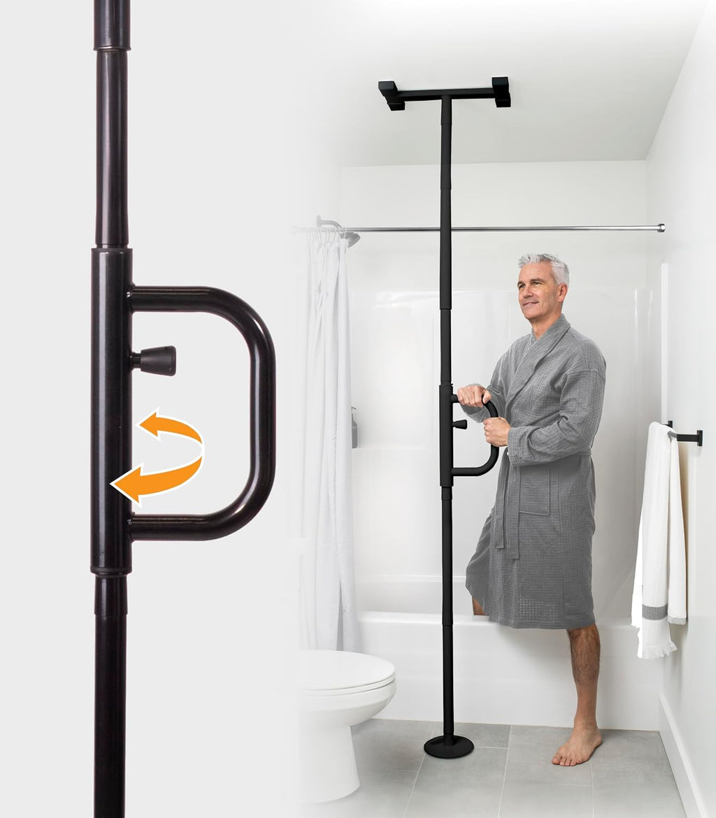 Stander Security Pole and Curve Grab Bar, Elderly Tension Mounted Floor to Ceiling Transfer Pole, Bathroom Safety Assist and Stability Rail, Metallic Black