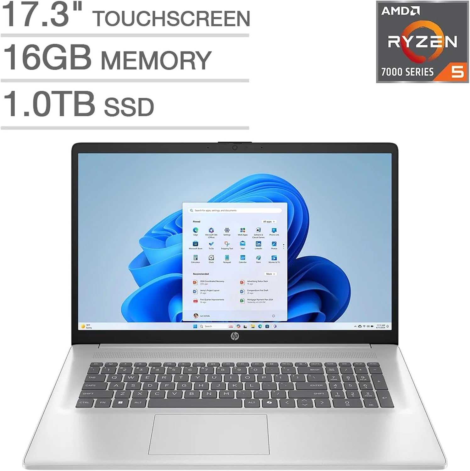 HP 17.3' FHD Touchscreen Laptop - AMD Ryzen 5 7430U CPU, 250 Nits IPS Display, Webcam, Wifi6, Win 11 Pro for Business & Students (64GB RAM 2TB SSD)