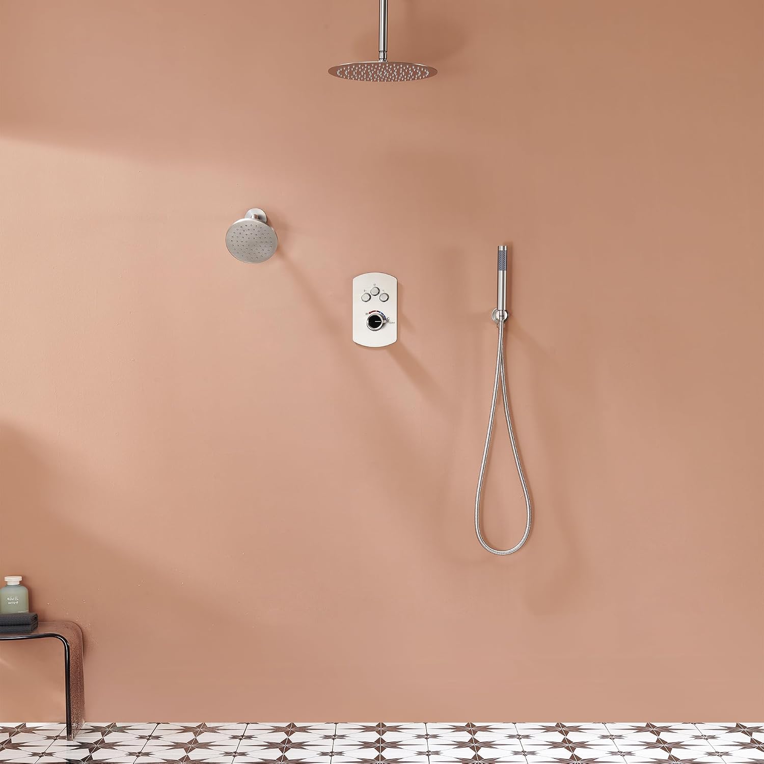MONDAWE 12 Inch Ceiling Mounted Shower System in Brushed Nickel, 3-Function Shower Faucet Set with Rainfall Dual Shower Head and High Pressure Handheld Spray, All Function Can be Used At the Same Time