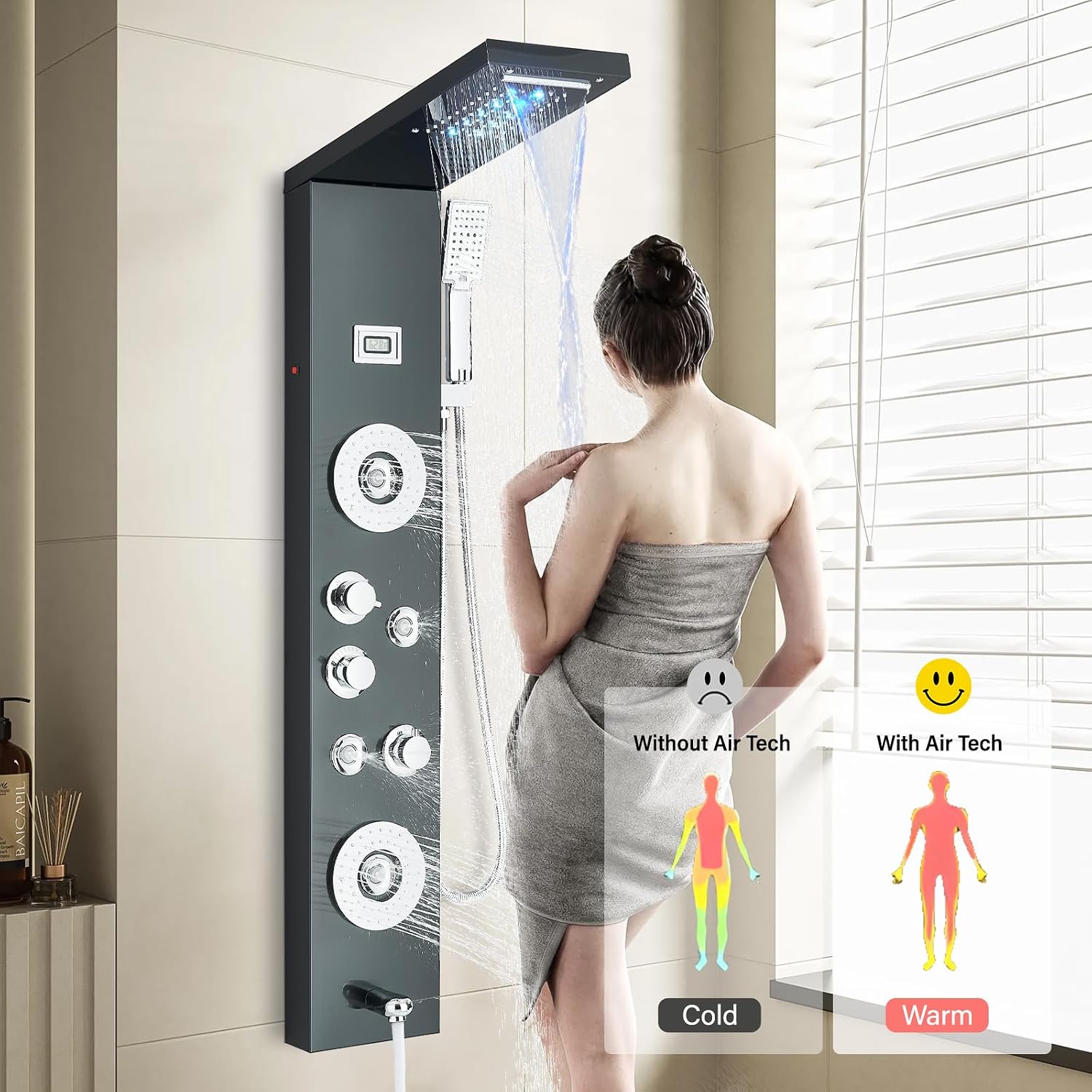 FUZ Shower Panel Tower System, Stainless Steel 6 Functions Shower Panel System with LED Fancy Rain Shower Head and Handheld, Adujstable Rain Massage Body Jets and Tub Spout, Matte Black Shower Tower