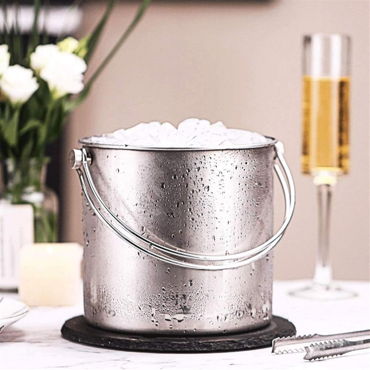 ice bucket, Ice Bucket - Ice Bucket with Scoop Lid and Handle, Stainless Steel (Size : Large)