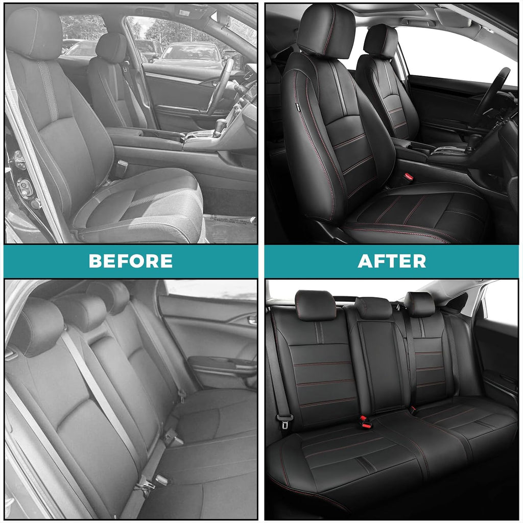 Seat Covers for Honda Civic Hatchback LX, EX, EXL, Sport, Touring, 2016-2021, Faux Leather Car Seats Cover Full Set Seatback Waterproof, Black Red line (60/40 Split Seatback)