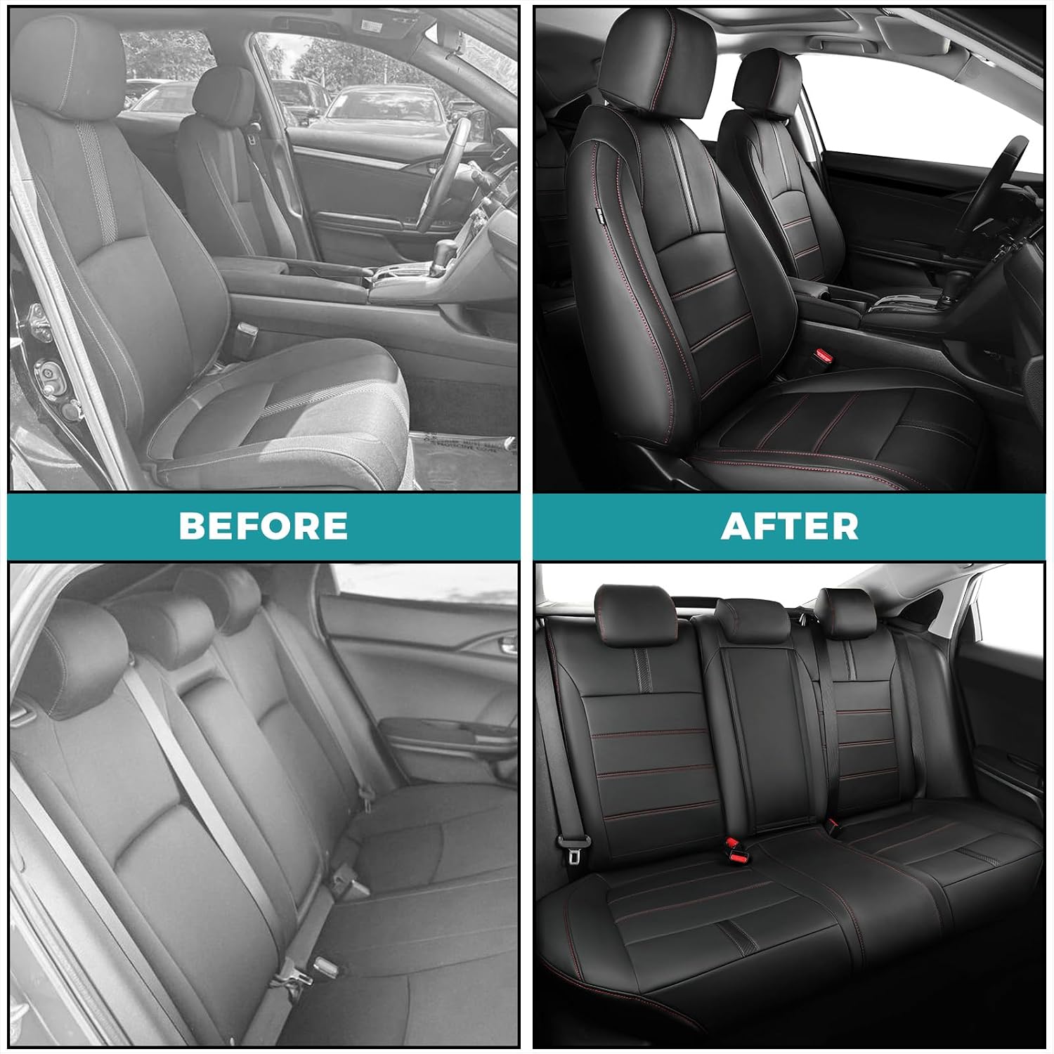 Seat Covers for Honda Civic Sedan EX-L, EX-T, EX, Touring, Sport 2016-2021, Faux Leather Car Seats Cover Full Set Waterproof Black Red Line (60/40 Split Seatback-with Rear Armrest)
