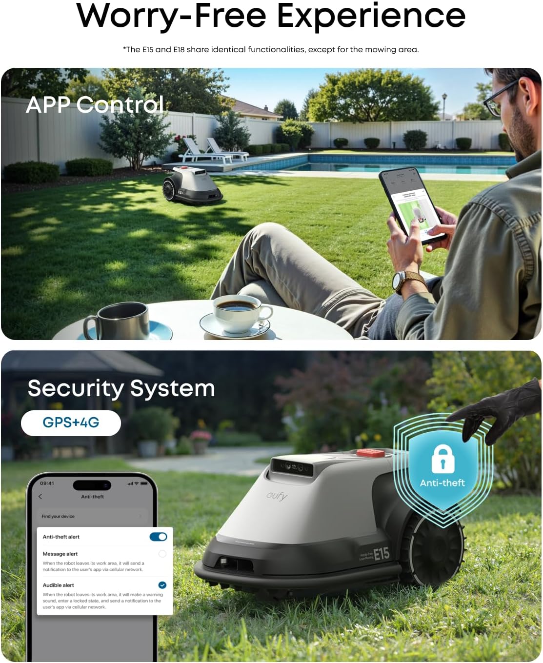 eufy Robot Lawn Mower E15, Auto Mapping,Pure Vision Navigation, Wire Free RTK Free, Multi-Zone Management, AI 3D Obstacle Avoidance, GPS Anti-Theft, 0.2 Acres, 18° Slope, App Control