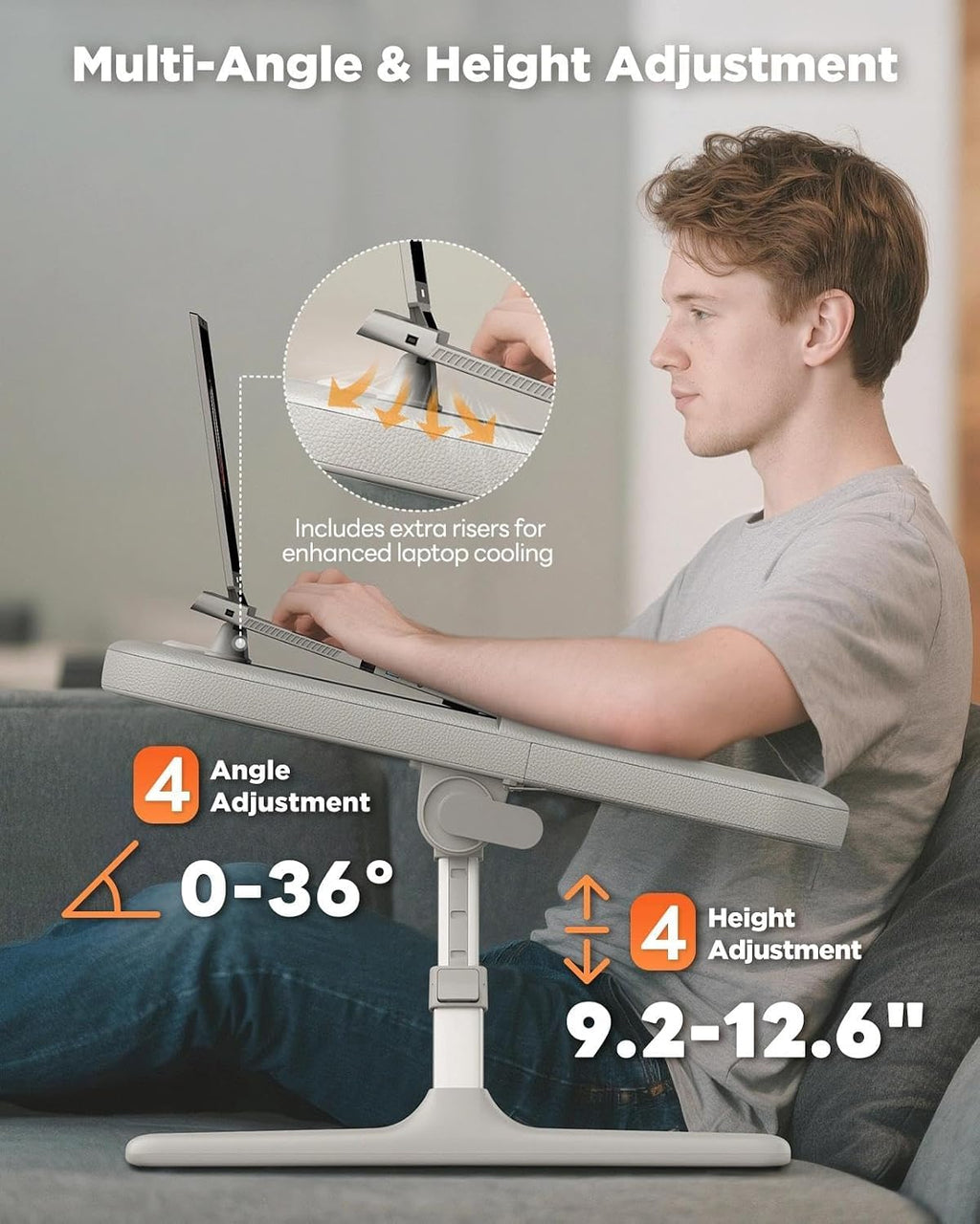 SAIJI Laptop Lap Desk for Bed & Couch, Adjustable Height & Angle Bed Desk with Soft Armrest for Adults, Ergo Curve Folding Bed Table for Working, Reading and Gaming, Laptop Desk for Bed (Gray)