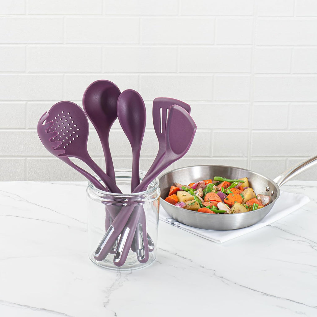 Restaurantware Silicone Utensil Set Pack of 10 Non-Slip Handle 6-Piece Kitchen Tool Set, Heat-Resistant Dishwasher-Friendly Cooking Accessories, Durable Purple Cooking Utensils