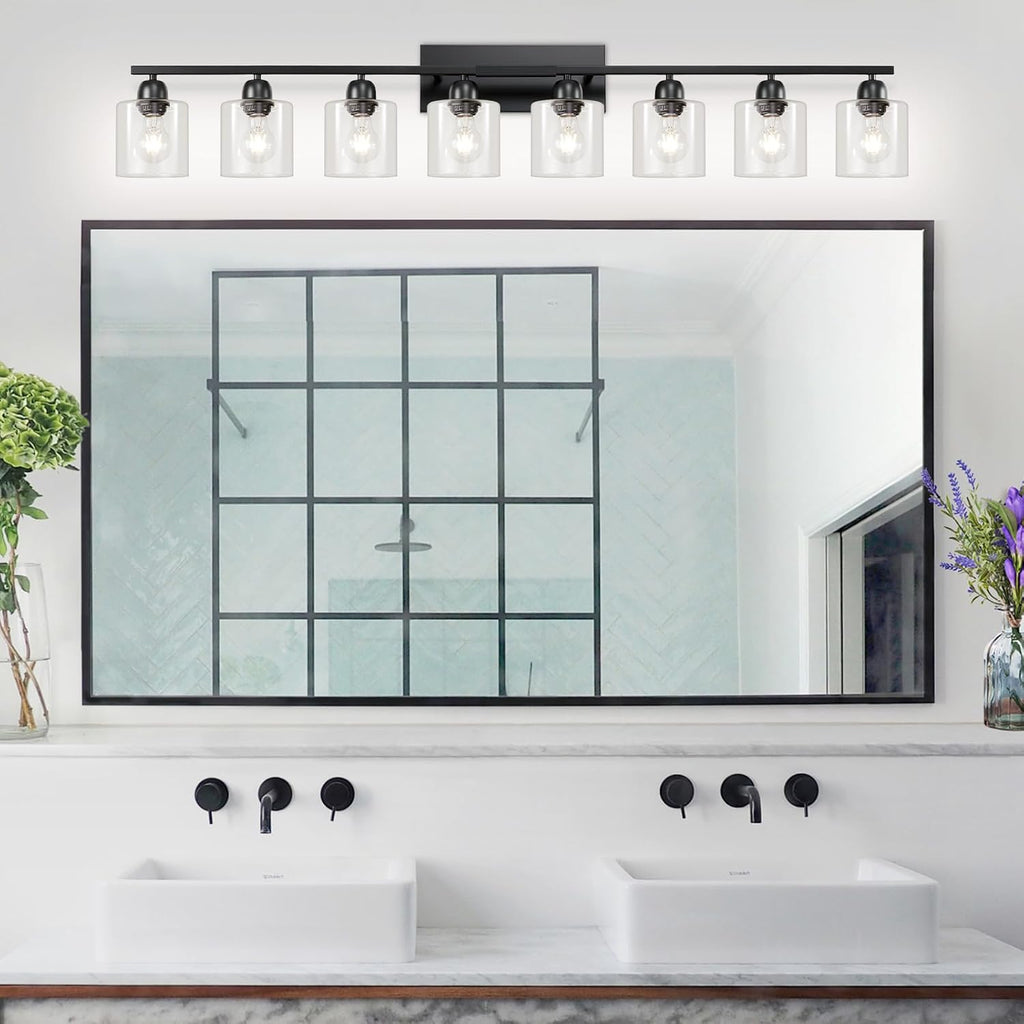 Bath Vanity Lights for Mirror, Restroom Lights Fixtures with Milky White Frosted Glass Shades,Bathroom Over Sink Light Fixtures (Black & Clear Glass, 8-Light)