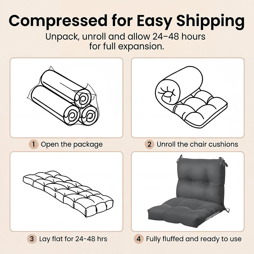 Geetery Outdoor Chair Cushions Set of 4 High Back Patio Furniture Replacement Seat Pads with Ties 42x21x4' for Lawn Porch Wicker Rocking Dining Chairs Weather Resistant Fade Resistant(Dark Gray)