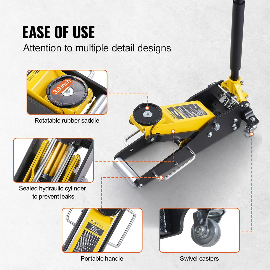 VEVOR Low Profile Floor Jack 2 Ton (4400 lbs), Heavy Duty Aluminum Hydraulic Racing Floor Jack, Hydraulic Car Jack, Dual Piston Quick Lift Pump, 3.2'-14.6' Height Lifting Range (Yellow)