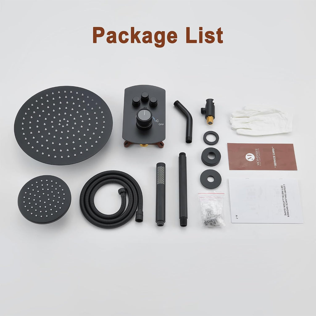 MONDAWE 12 Inch Ceiling Mounted Black Shower System, Dual Rainfall Shower Head & High Pressure Handheld Spray Combo, 3-Function Luxury Shower Faucet Set for Bathroom, All Functions Work Simultaneously