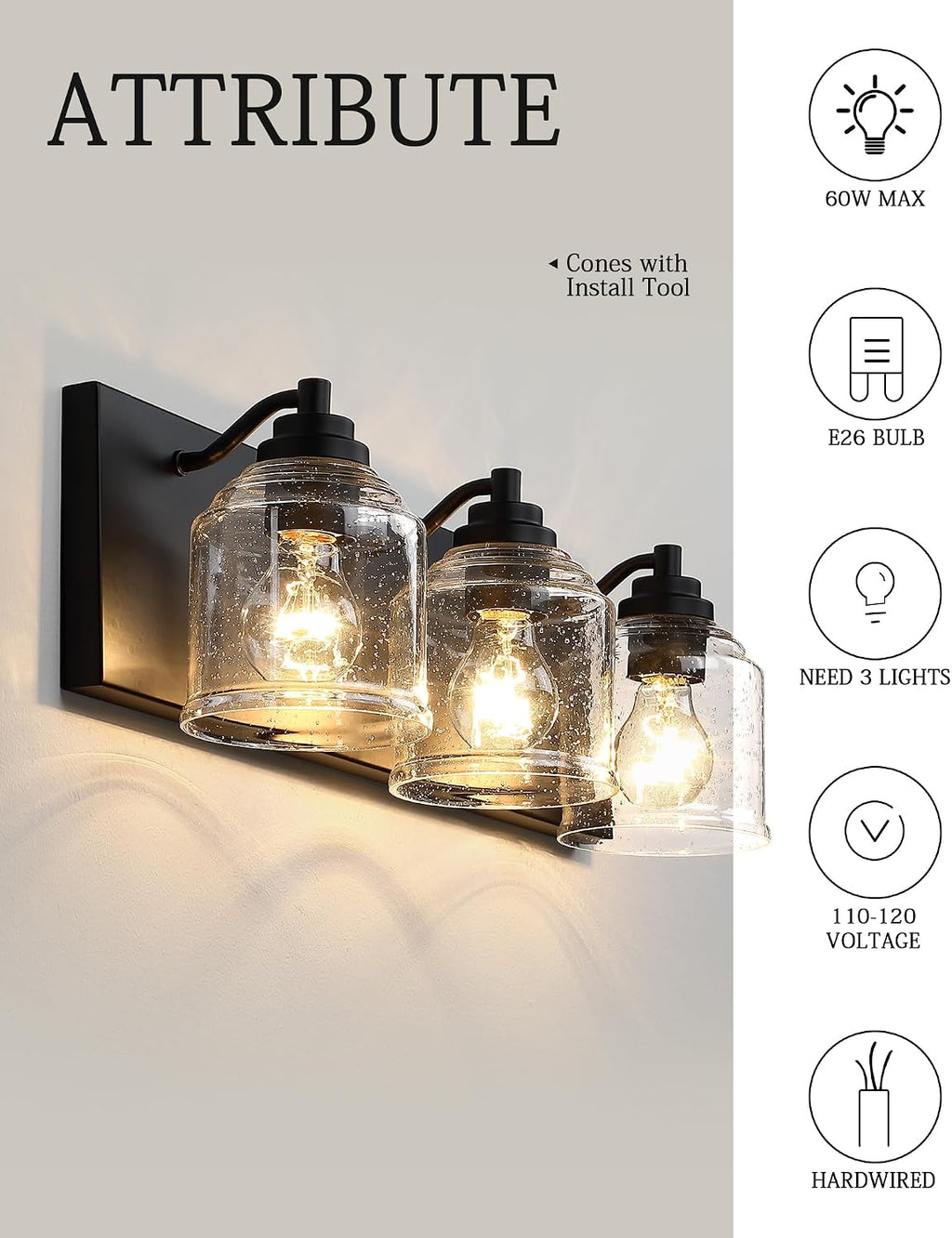 3-Light Bathroom Vanity Light Large 23', Farmhouse Rustic Vanity Lights for Bathroom, Black Bathroom Light Fixtures Over Mirror with Bubble Glass Shades, Metal Wall Sconce Home Decor