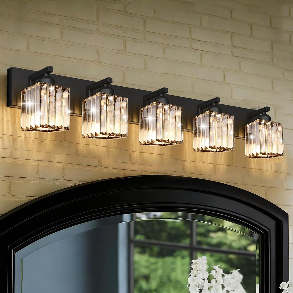 Black Crystal Bathroom Vanity Light, 5-Light Modern Bathroom Lighting Fixtures Over Mirror, Matte Black Wall Sconce Light Fixtures with Square Shade