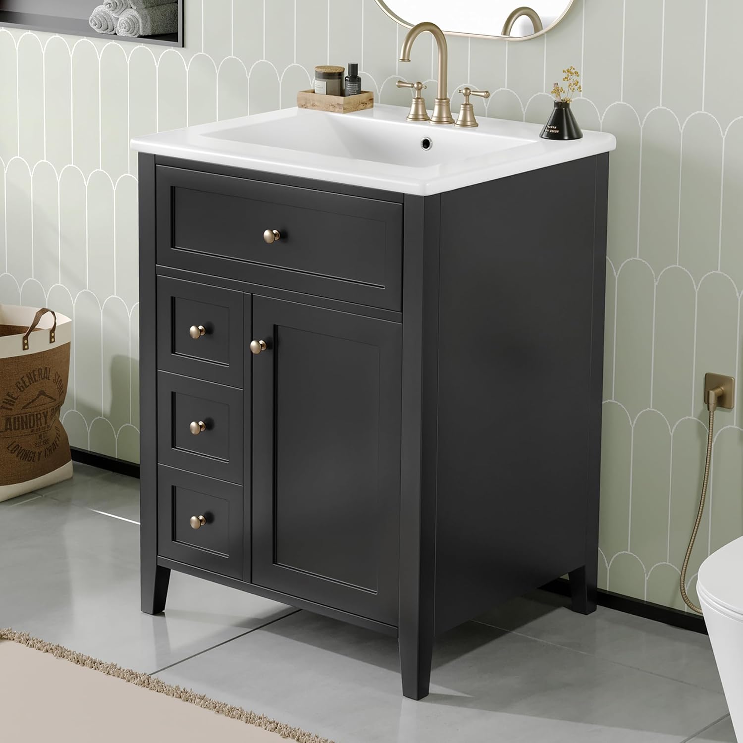 24-inch Bathroom Vanity with Sink Combo, Free-Standing Single Storage Cabinet with Tilt-Out Drawer, 3 Drawers, Adjustable Shelf & Storage Rack, Vanity with Ceramic Basin for Bathroom (Black)