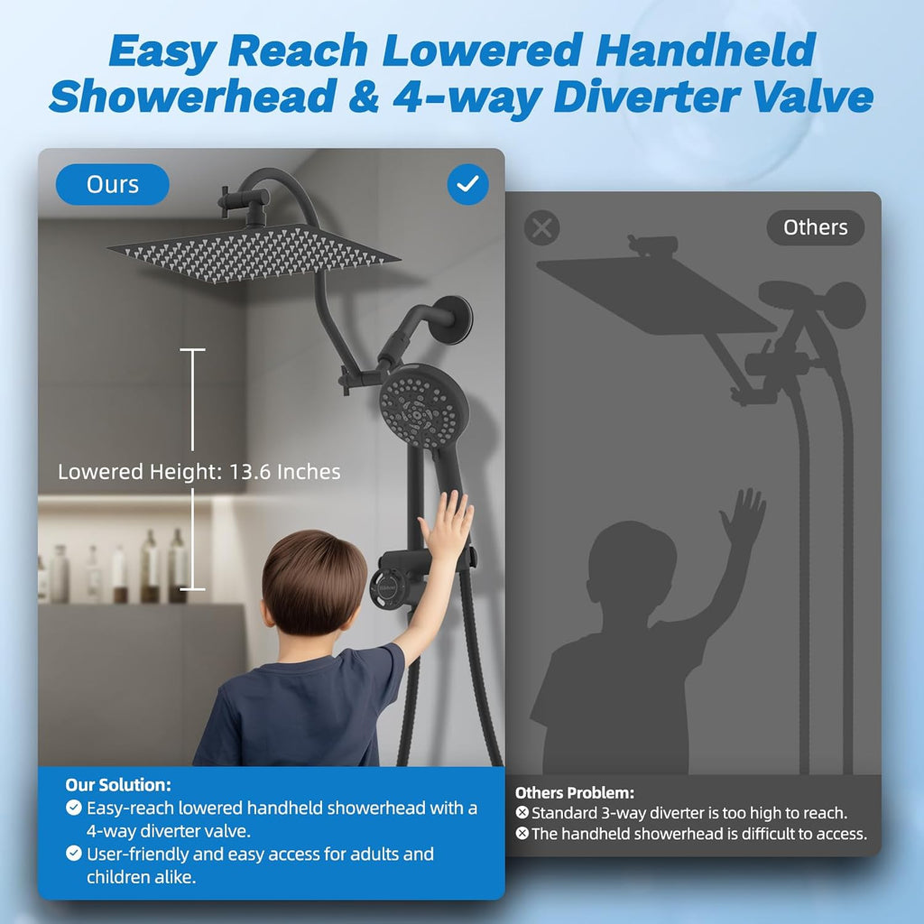 Hibbent cUPC Certified All Metal 12' Rainfall Showerhead Combo, High Pressure Shower Head with 10-Sprays Handheld, Innovative 4-way Diverter with Pause Mode, 71'' Shower Hose and Holder, Matte Black
