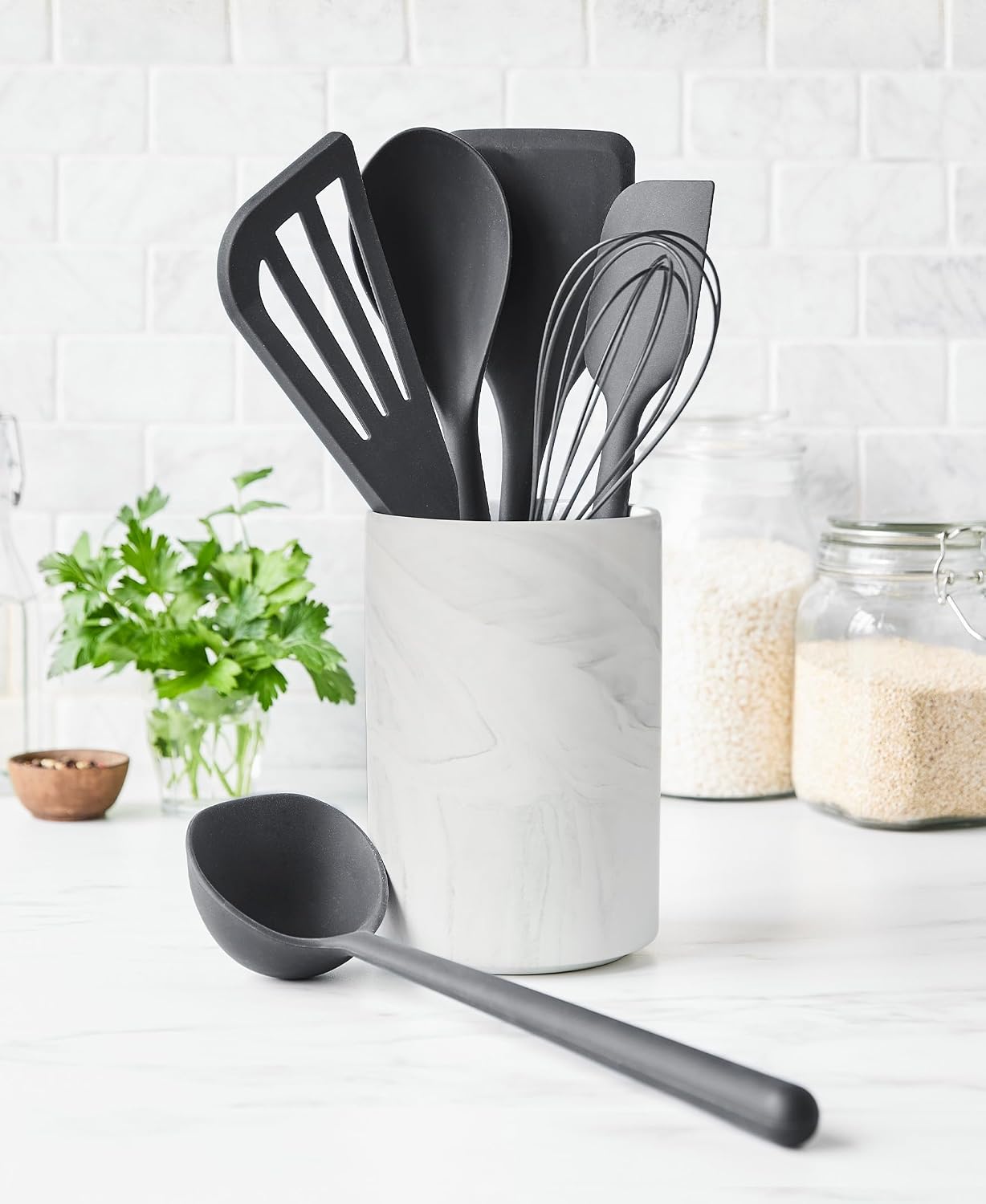 GreenPan Silicone 7 Piece Utensil & Crock Set, Cooking Kitchen Utensil, Flexible Rubber Nonstick Cookware, Rigid Steel Core, Heat-Resistant, Anti-Slip Handle, BPA-Free, Dishwasher Safe, Charcoal Gray
