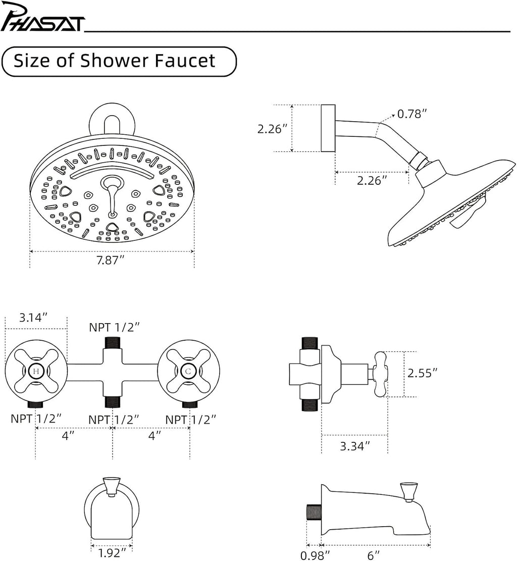 PHASAT 2 Handle Tub Shower Faucet,Bathtub Faucet Set with Tub Spout,Tub and Shower Trim Kit with Rough-in Valve,Matte Black,PU4H09