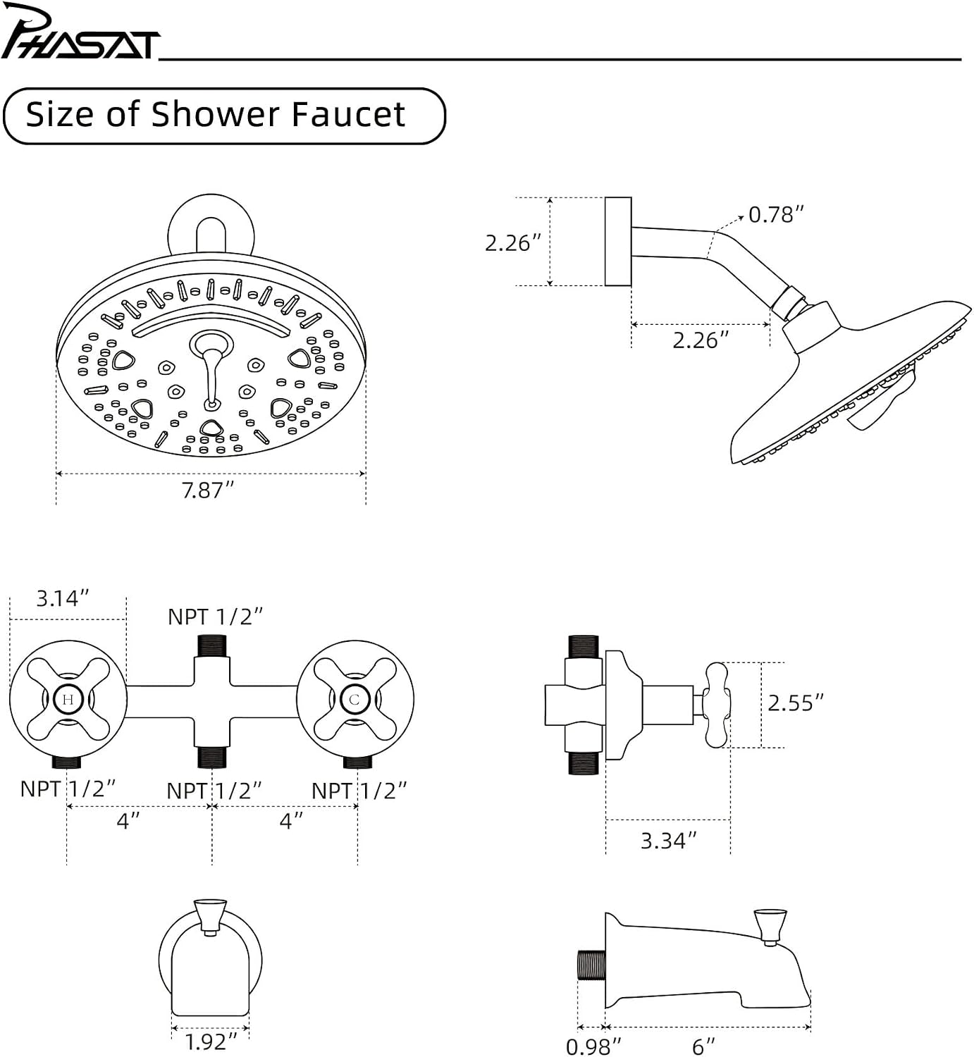 PHASAT 2 Handle Tub Shower Faucet,Bathtub Faucet Set with Tub Spout,Tub and Shower Trim Kit with Rough-in Valve,Matte Black,PU4H09