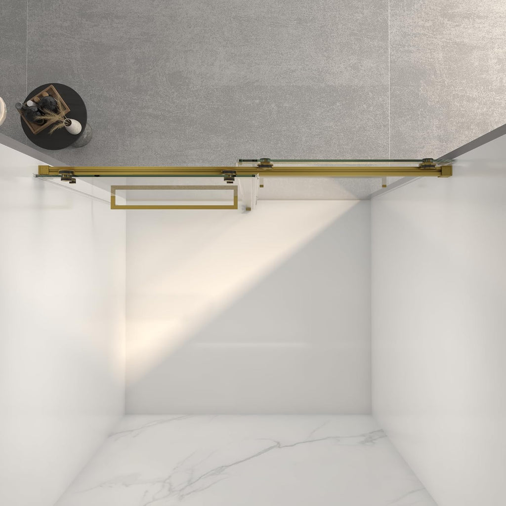 KEIKI 56-60' W x 70' H Frameless Double Sliding Shower Door, 5/16' (8mm) Thick SGCC Tempered Clear Glass, Double Side Easy Clean Coat, Brushed Gold Finished with Buffer
