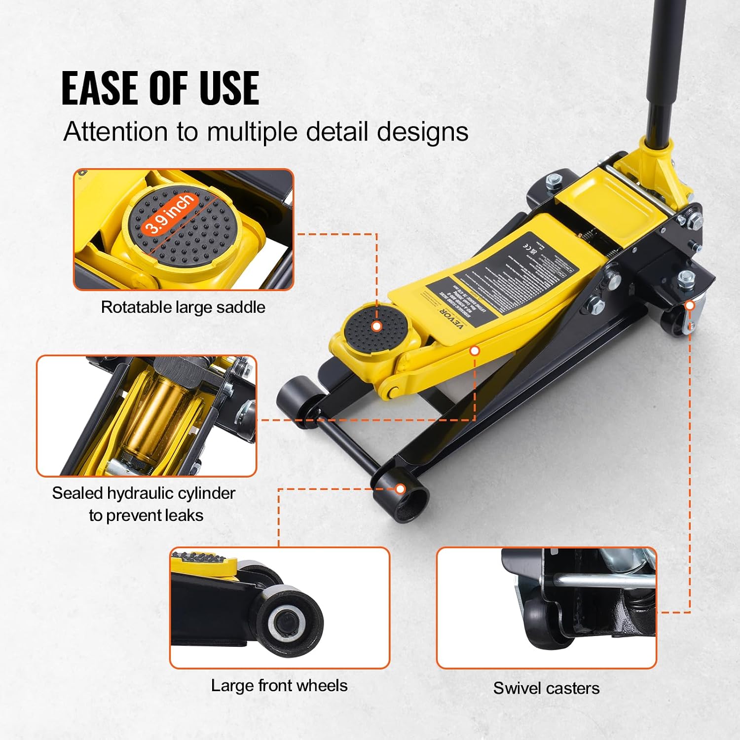VEVOR Low Profile Floor Jack 2 Ton (4400 lbs), Heavy Duty Iron Hydraulic Racing Floor Jack, Hydraulic Car Jack, Dual Piston Quick Lift Pump, 3'-18.5' Height Lifting Range (Yellow)