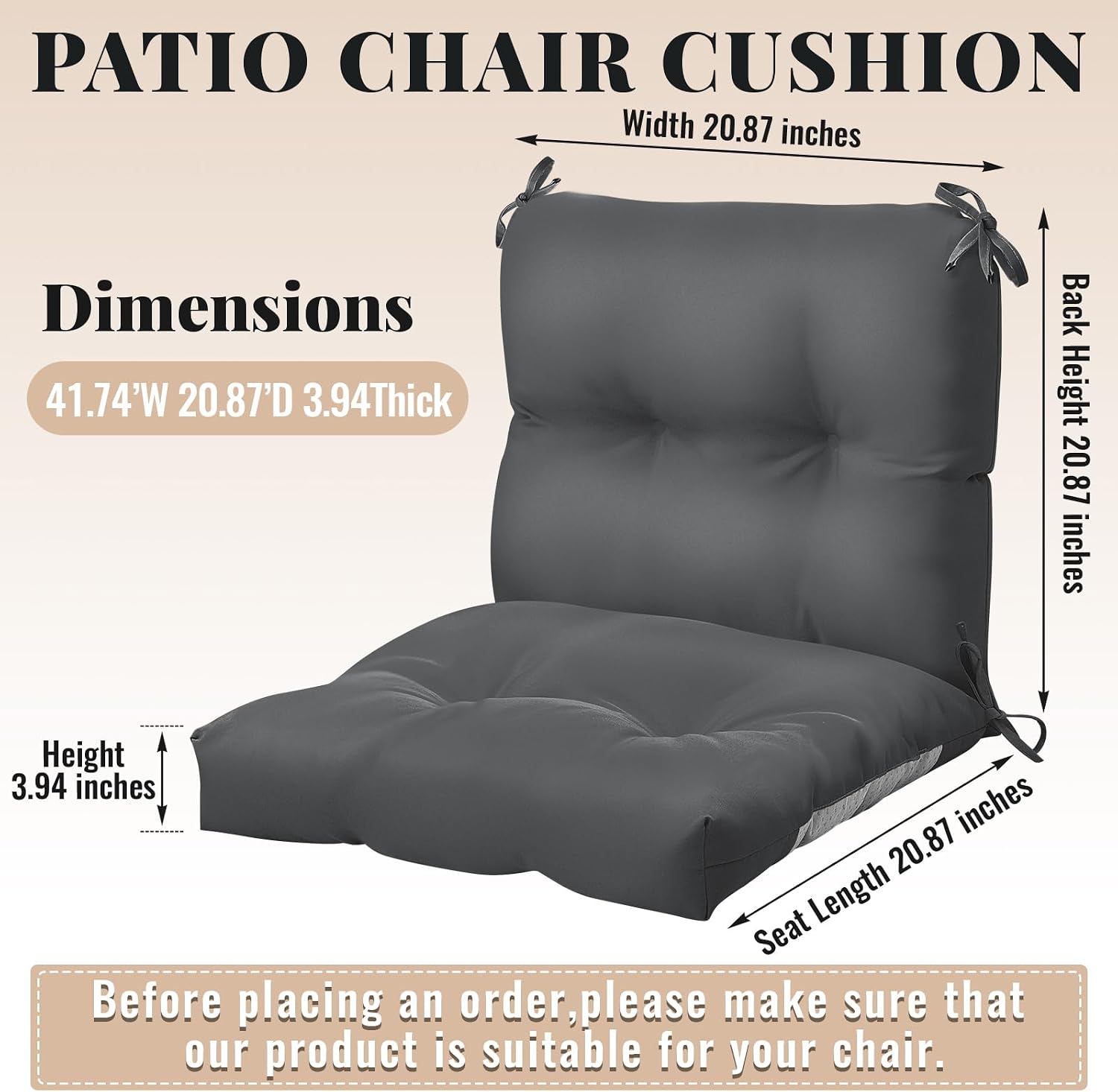 Geetery Outdoor Chair Cushions Set of 4 High Back Patio Furniture Replacement Seat Pads with Ties 42x21x4' for Lawn Porch Wicker Rocking Dining Chairs Weather Resistant Fade Resistant(Dark Gray)
