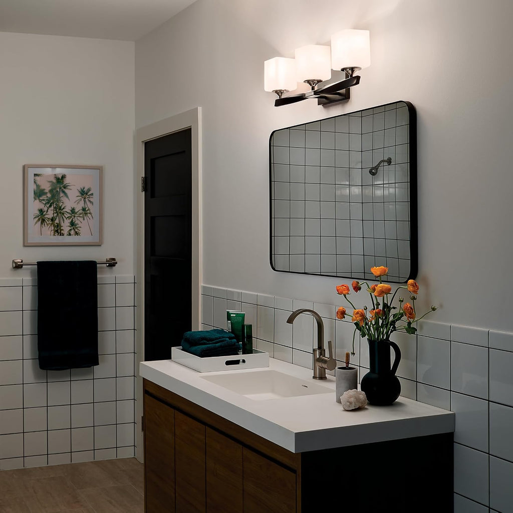 Kichler Marette 22.75' Vanity Light in Black, 3-Light Modern Bathroom Light with Satin Etched Cased Opal Glass, (22.75' W x 8' H), 55002BK