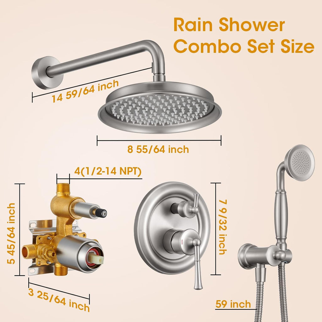 Antique Shower Head with Handheld Spray Combo, Brushed Nickel Rain Shower System with Rough-in Balance Pressure Valve, 9 inch Bathroom Luxury Rain Fall Shower Head Wall Mount Round, (B2312-BN)