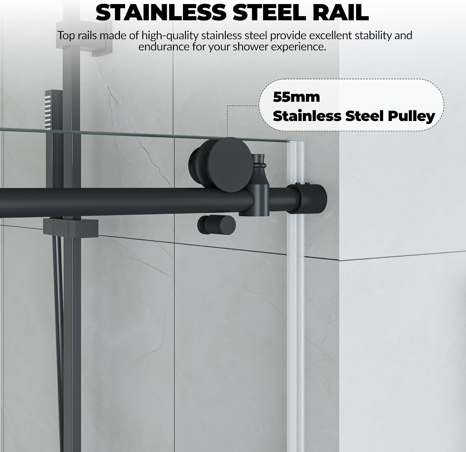 Frameless Sliding Glass Shower Door 56–60 Inch W x 76 Inch H – Single Sliding Door with Fixed Panel, 8mm Tempered Glass, Stainless Steel Round Rail, Matte Black
