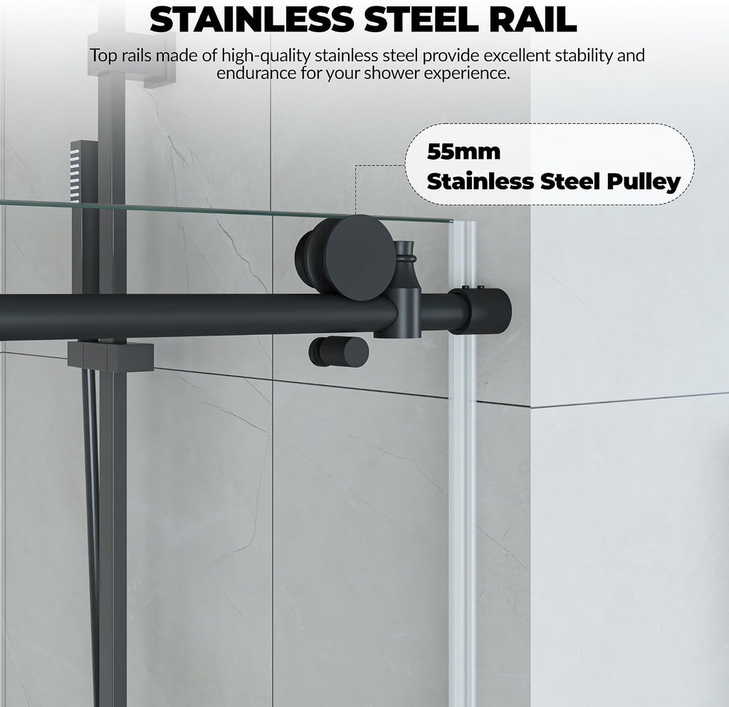 Frameless Shower Door 44–48 inch W× 76 inch H, Sliding Shower Door with Fixed Panel, Round Stainless Steel Track,6mm Tempered Glass, Matte Black, Stainless Steel Shower Door for Bathroom Renovation