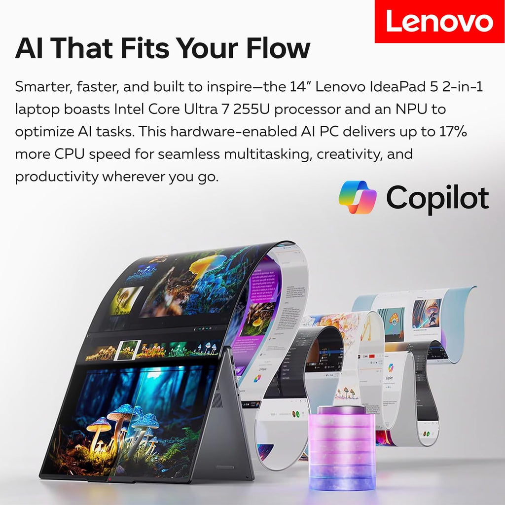 Lenovo IdeaPad 5 AI-Powered Premium 2-in-1 Laptop, 14' FHD+ Touchscreen, Ultra 7 255U, 16GB Onboard RAM, 1TB SSD, Wi-Fi 6, Win11 Pro, Backlit, Thin & Quiet Design, Bundle with PCO Laptop Cooler